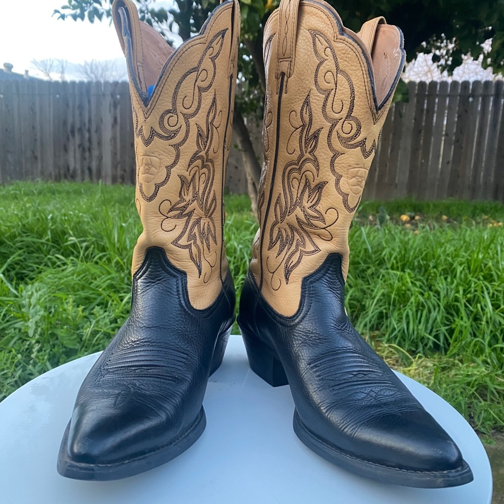 Ariat Deertan Black & Tan Leather Pointed Cowboy Boots 7.5
